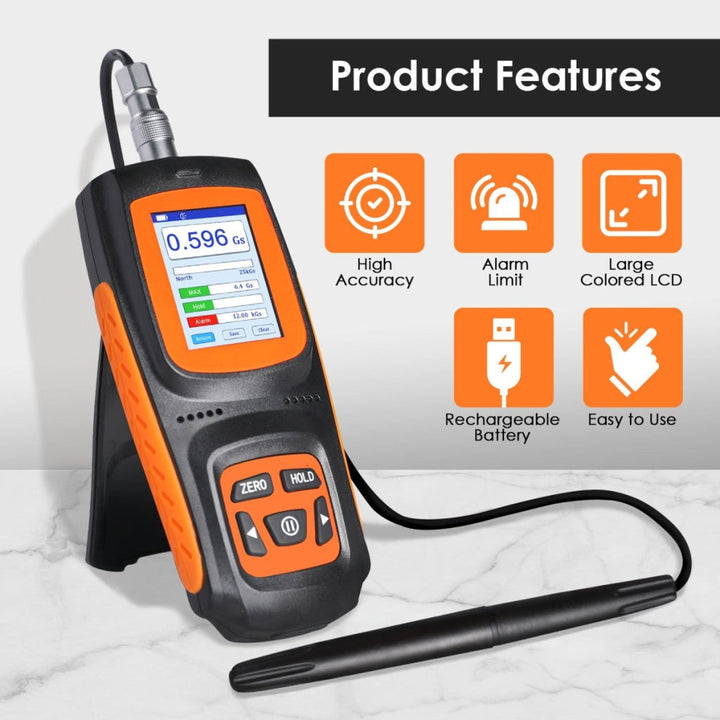 ILEM-456 Gauss Meter Portable Tesla Meter Gaussmeter 0~2500 mT Surface Magnetic Field Tester High Precision Hall Sensor ±1% or ±5% Accuracy with Data Record Function - Instrulife