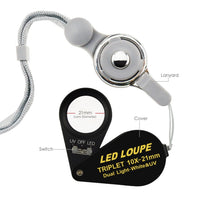 ILJL-246 10x 21mm Loupe Jeweler Magnifier LED UV Light Triplet Lens Magnifying Gem Optical Tool Achromatic Aplanatic Foldaway Pocket Black Frame for Inspecting Diamonds Gemstones Watches Print - Instrulife
