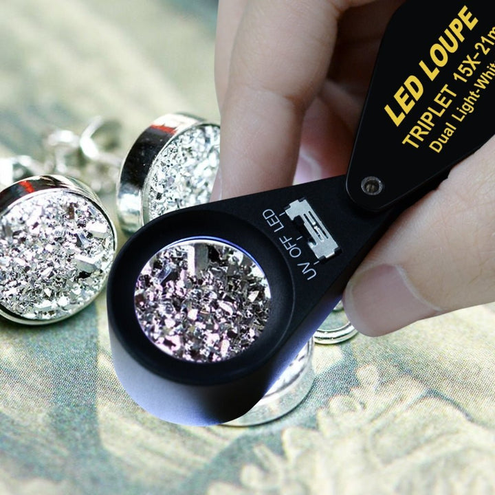 ILJL-247 15x 21mm Optic Glass Loupe 6 LED & UV Light Magnifier Jeweler Foldaway Pocket Black Frame Triplet Lens Magnifying Gem Jeweler Mechanics Photographer Hobbyist Watchmaker - Instrulife