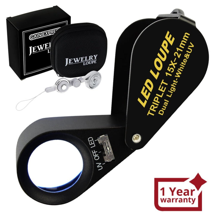 ILJL-247 15x 21mm Optic Glass Loupe 6 LED & UV Light Magnifier Jeweler Foldaway Pocket Black Frame Triplet Lens Magnifying Gem Jeweler Mechanics Photographer Hobbyist Watchmaker - Instrulife