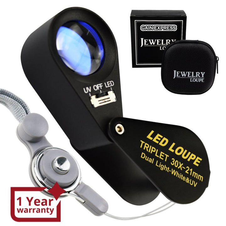 ILJL-249 30x Magnification Jewelry Gem Loupe with UV & 6 LED Light, 21mm Optical Glass Triplet Magnifiers Lens Portable Handheld Magnifying Tool Jeweller Stamp & Coin Collectors Foldaway And Black Frame Design Metal Body - Instrulife