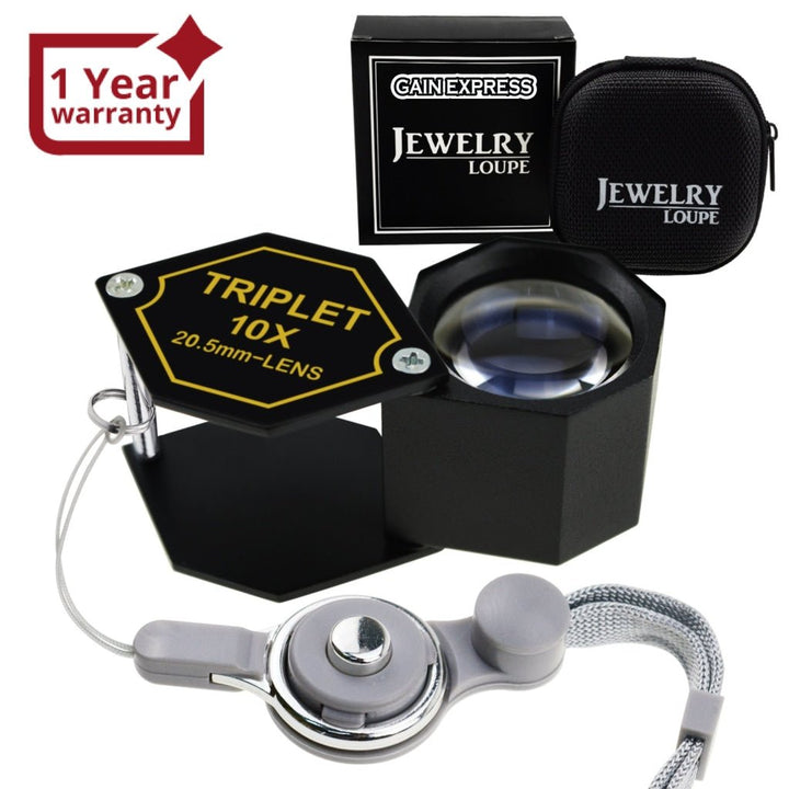 ILJL-250 10x Magnification Jewelery Loupe, 20.5mm Triplet Lens Achromatic Optical Glass Metal (Aluminum) Body Black Frame Hexagonal Design Kit Set Jewelry Pocket Magnifying Tool - Instrulife