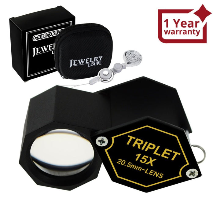 ILJL-251 15x Jewelry Loupe Magnifier 20.5mm Triplet Lens Achromatic Optical Glass Magnifying Tool Metal (Aluminum) Body Hexagonal Design Kit Set Magnification Loupe Black Frame - Instrulife