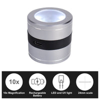 ILJL-386 Rechargeable 10X Full Metal Jeweler Optical Magnifying Glass 5 LED 5 UV Light Scale Loupe USB Charging Lens Jewelry Gemstone Magnifier Tool - Instrulife