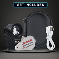 ILJL-450 Jeweler Magnifier Loupe (10X / 20X / 30X / 40X) with 6 UV and LED Light 22mm Optical Triplet Lens, USB Rechargeable Mini Gem Tool - Instrulife