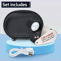 ILJL-450 Jeweler Magnifier Loupe (10X / 20X / 30X / 40X) with 6 UV and LED Light 22mm Optical Triplet Lens, USB Rechargeable Mini Gem Tool - Instrulife