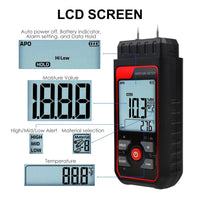 ILMM-344 Pin Type Handheld Moisture Meter Humidity Tester Detector Visual High / Medium / Low Alerts Function for Wood, Plaster, Drywall, Concrete Floors, Building Materials - Instrulife