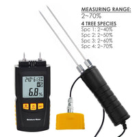 ILMM-813 Digital Wood Moisture Meter 2~70% Humidity 20~90% RH Temperature -10~60°C (14~140°F) Tester, Timber, Damp Detector Portable, Measure Water Percentage in Sheetrock, Bamboo, Paper, Soft Wood - Instrulife