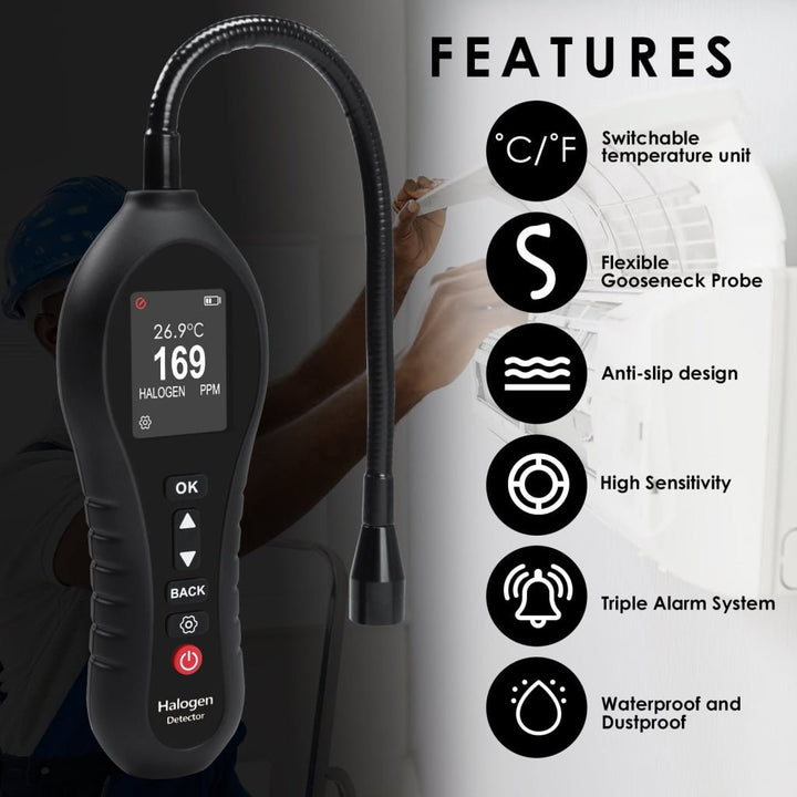 ILLD-431 Halogen Gas Leak Detector High Sensitivity for Air Conditioning Repair, Car Repair, Gas Pipelines, Industrial Plant, Home Use with 10.5-inch Gooseneck Probe Visual, Audible and Vibration Alert - Instrulife