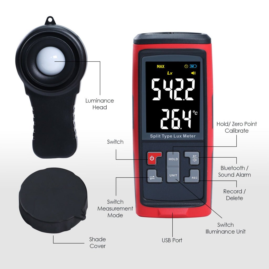ILLX-426 Split Type Digital Light Lux Meter with Temperature Measure Colored LCD Display Illuminance Meter for Luminosity Measuring & Monitoring - Instrulife