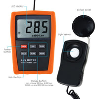 ILLX-149 Professional Digital Lux/ Light Level Meter 1~200,000 Lux Luminometer Illuminance Meter, 4 Ranges Tester with Photodiode and Filter Sensor + Data HOLD Function - Instrulife