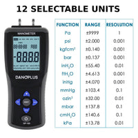 ILMA-334 Digital Manometer Portable Air Vacuum / Gas Pressure Gauge Meter 12 Measurement Units with Backlight and Data storage Function Sing Pipe or Differential Pressure of 1-2 Pipes Detection - Instrulife