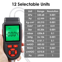 ILMA-346 Handheld Manometer Dual Differential Digital Gas Pressure Tester with Backlight 12 Selectable Units Air Pressure Gauge HVAC Tester with Data Storage Function - Instrulife