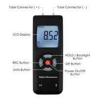 ILMA-186 Professional Digital Manometer, Portable Handheld Air Vacuum/ Gas Pressure Gauge Meter 11 Units with Backlight, ±13.78kPa ±2PSI, Suitable for Differential Pressure of 1-2 Pipes, Ventilation, Air Condition System Measurement - Instrulife