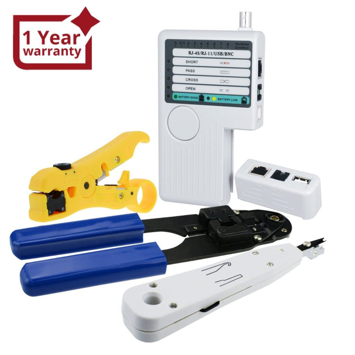 ILCT-711 Combo Set Network Cable Tester Tool Kit - Crimping Crimper Tool Punch Down Tool Wire Stripper Cutter, RJ45 RJ11 USB BNC Flat UTP Cat5 Cat6 Coax cable Stripping Universal Tool - Instrulife