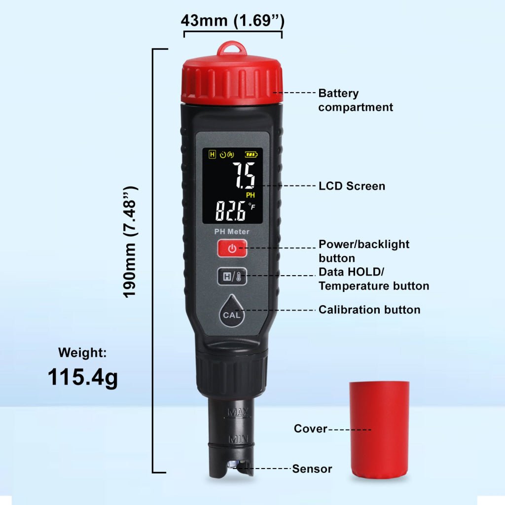 ILWQ-443 Digital Pentype pH Meter High Accuracy Colored Screen | Red Backlight Alarm | 3-Point Calibration with Temperature Measurement ATC Function for Liquids in Laboratory Food and Medicine Industry - Instrulife