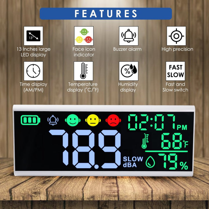 ILSM-413 Wall-mounted|Desktop Noise Decibel Meter 13" Colored Screen Sound Level Tester 130dB with Temperature and Humidity Measurement, 12H/24H Clock Display, Adjustable Brightness and Alarm Function - Instrulife