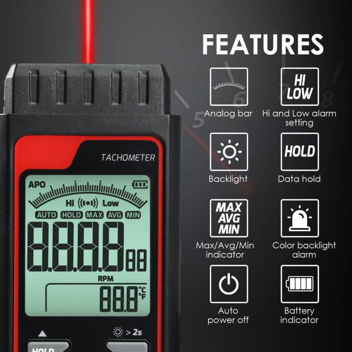 ILTA-455 Portable Non-Contact Tachometer 2.5~99999RPM High Precision with Analog Bar Scale and Alarm Function, Temperature Measurement for Machinery Car Motor engine Tool - Instrulife