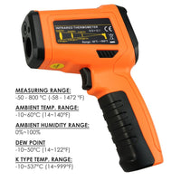 ILTH-223 Non-contact Infrared IR Laser Thermometer Temperature Gun w/ K-Type Thermocouple & Humidity, -50~800°C (-58~1472°F) - Instrulife
