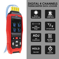 ILTH-373 K/J/T Datalogger Thermocouple Thermometer -200~1372°C (-328~2501°F), 4-Channel Display, Real-Time Data Logging, Audible and Visible Alarm, and ADJ Compensation - Instrulife