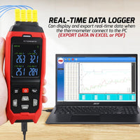 ILTH-373 K/J/T Datalogger Thermocouple Thermometer -200~1372°C (-328~2501°F), 4-Channel Display, Real-Time Data Logging, Audible and Visible Alarm, and ADJ Compensation - Instrulife
