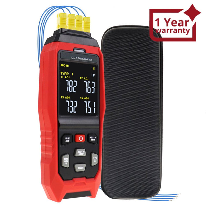 ILTH-373 K/J/T Datalogger Thermocouple Thermometer -200~1372°C (-328~2501°F), 4-Channel Display, Real-Time Data Logging, Audible and Visible Alarm, and ADJ Compensation - Instrulife