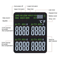 ILTH-373 K/J/T Datalogger Thermocouple Thermometer -200~1372°C (-328~2501°F), 4-Channel Display, Real-Time Data Logging, Audible and Visible Alarm, and ADJ Compensation - Instrulife