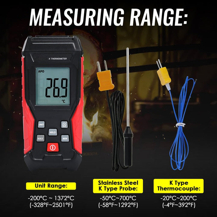 ILTH-418_1P Digital K-Type Thermocouple Thermometer with Wired and Stainless Steel Probe, High and Low Temperature Measurement for High-Temp Furnaces and Ovens or Low-Temp Liquid Nitrogen etc - Instrulife