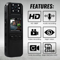 ILIC-412 Mini Camera Digital Video Recorder Body Cam 1080P Rotating Lens Camcorder Video Audio Record Night Vision Motion Detection Loop Recording Body Camera for Law Enforcement, Security Guard, Travel, Lecture Record - Instrulife
