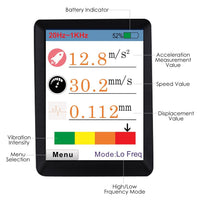 ILVM-281 Digital Vibration Meter Piezoelectric Vibrometer Gauge Colored Flip Display Acceleration Velocity and Displacement Measurement with Short / Long Probe Portable Symmetrical Shape - Instrulife