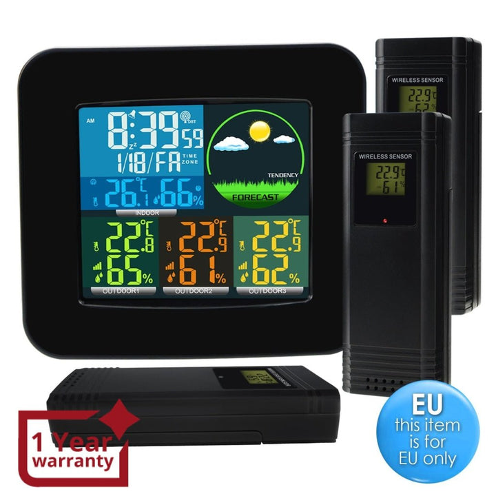 ILWS-103_EU Digital Weather Station RCC DCF with 3 Indoor/ Outdoor Wireless Sensors, with 6 kinds of Weather Forecast, Thermometer and Hygrometer, with Alarm Clock for Temperature and Humidity measurement, Low battery for Colored LED on LCD Display - Instrulife
