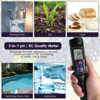 ILWQ-448 Digital 3-in-1 pH | EC | Temperature Tester Waterproof IP65 for pH/EC Measurement in Water, Meats and Soft Solid Food Samples with ATC, Portable High-Accuracy - Instrulife