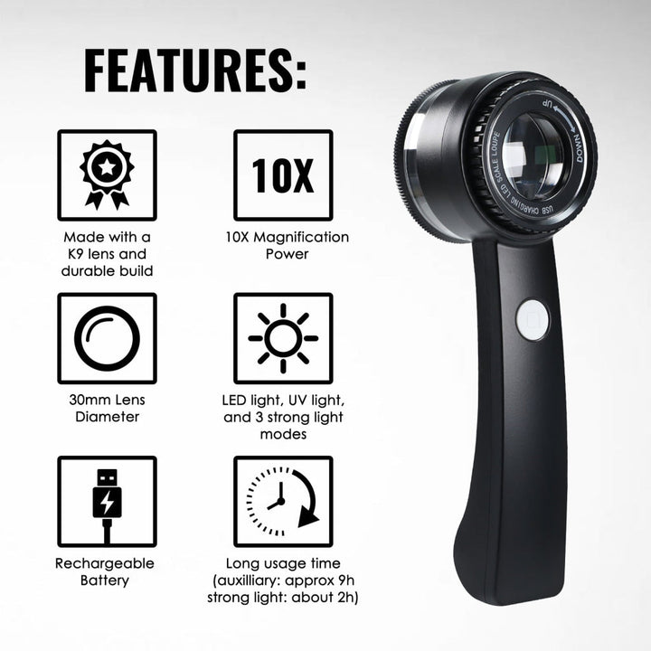 ILJL-521 10X Magnifying Loupe with LED Light & UV - K9 Lens with 30mm Diameter, Portable Jewelers Loupe for Gemstone, Coin, Stamp, PCB Inspection USB-C Rechargeable - Instrulife