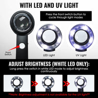 ILJL-521 10X Magnifying Loupe with LED Light & UV - K9 Lens with 30mm Diameter, Portable Jewelers Loupe for Gemstone, Coin, Stamp, PCB Inspection USB-C Rechargeable - Instrulife