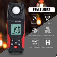 ILLX-484 Lux Light Meter for Visible Brightness Measurement with 0.1~200000LUX / 0.01~20000FC Range Ideal for Warehouses, Factories, Hospitals, and Schools - Instrulife