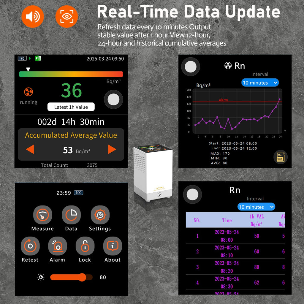 Radon Gas Detector Touchscreen LCD Color Display with Audible & Visual Alarm Long-Term Radon Concentration Monitoring for Home Basement, pCi/L or Bq/m³ - Instrulife