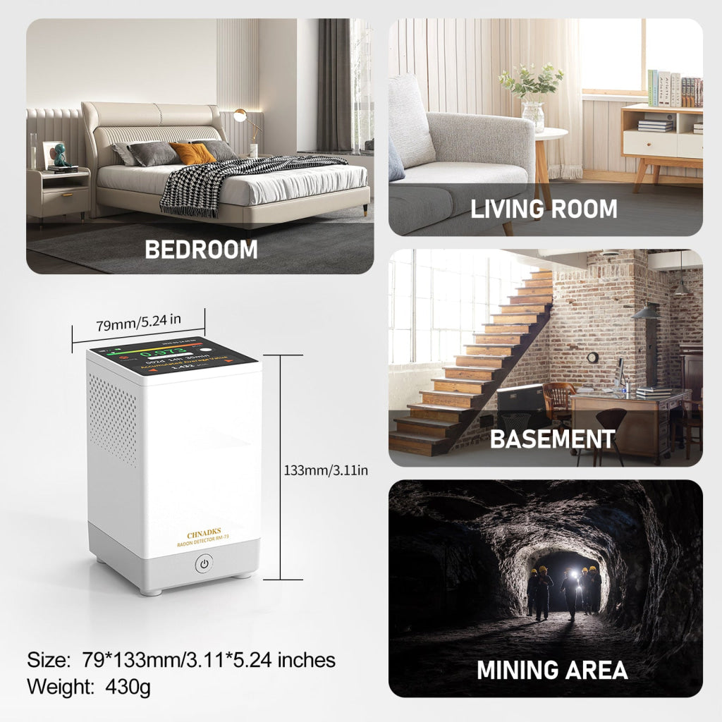 Radon Gas Detector Touchscreen LCD Color Display with Audible & Visual Alarm Long-Term Radon Concentration Monitoring for Home Basement, pCi/L or Bq/m³ - Instrulife
