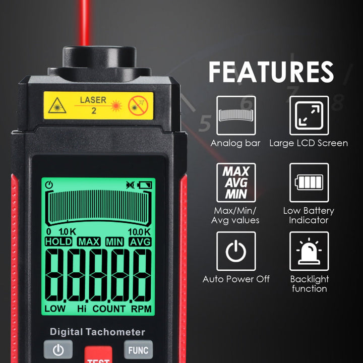 ILTA-524 High-Precision Digital Tachometer Non-Contact RPM Laser Tester MAX/MIN/AVG Photoelectric Sensing 10-99999 RPM Range with Reflection Tape Max/Min/AVG Function - Instrulife