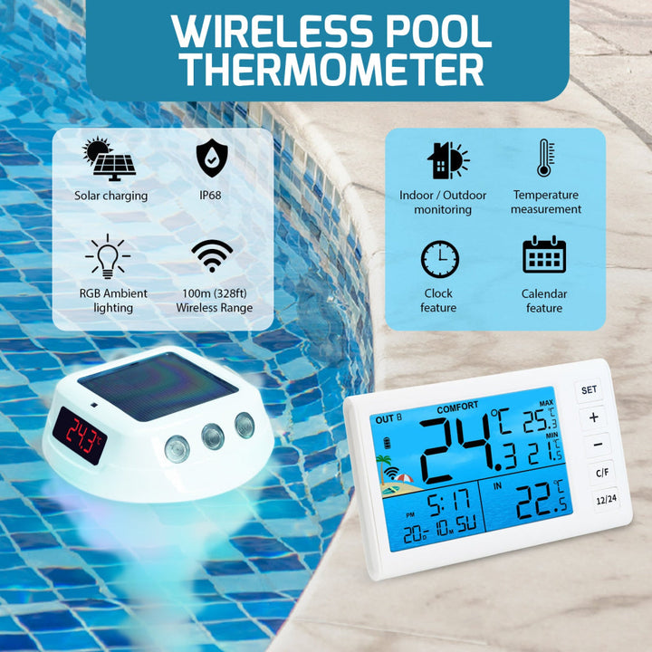 ILTH-517 Wireless Solar Pool Thermometer with RGB Lights, IP68 Floating Temperature Gauge for Pools, Hot Tubs, Spa - Instrulife