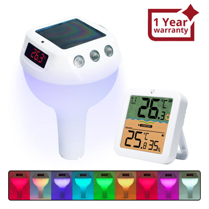 ILTH-518 Wireless Solar-Powered Pool Thermometer Floating Thermometer with RGB Lighting IP68 Waterproof Swimming Pool Indoor Temperature and Humidity Measure for Swimming Pools, Spa, Hot Tubs - Instrulife
