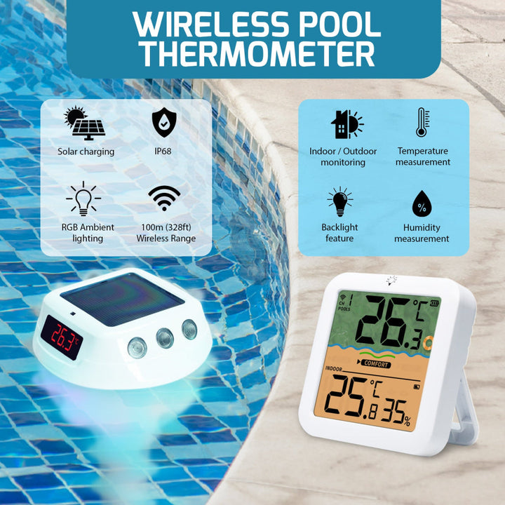 ILTH-518 Wireless Solar-Powered Pool Thermometer Floating Thermometer with RGB Lighting IP68 Waterproof Swimming Pool Indoor Temperature and Humidity Measure for Swimming Pools, Spa, Hot Tubs - Instrulife